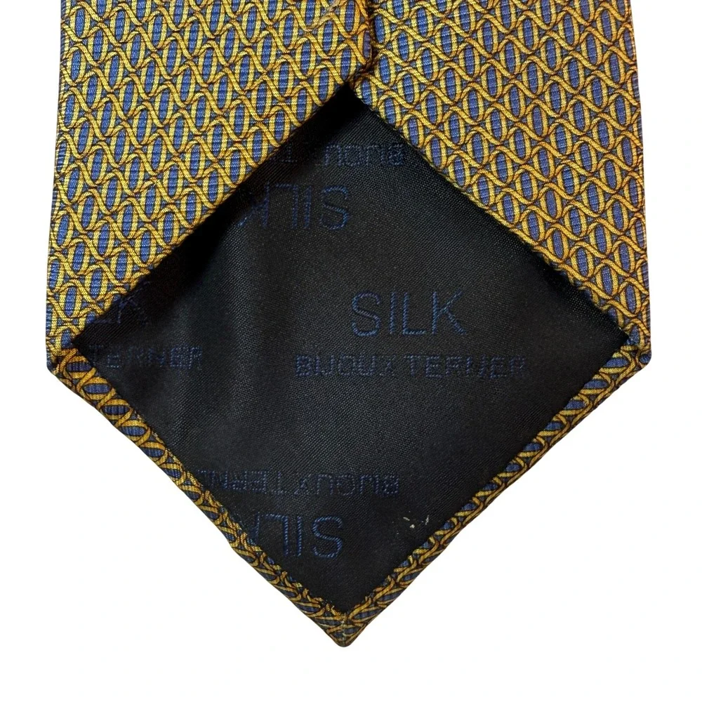 Vintage Bijoux Terner 100%‎ Silk Tie Mens Gold Blue Silk Geometric Handmade Chic